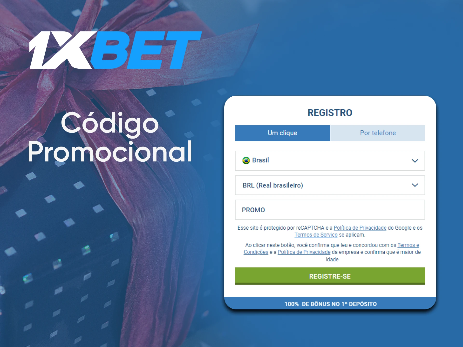 Formulario de registro de 1xBet con el campo para ingresar el código promocional y el bono de bienvenida del 100% en el primer depósito